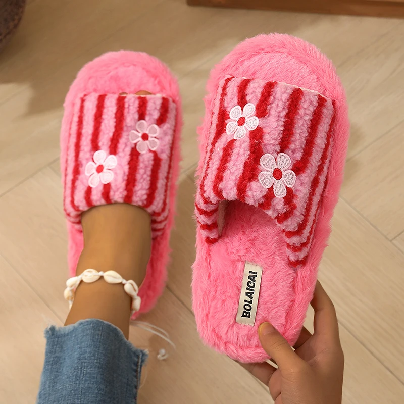 Women'S Fashion Korea - Flower Embroidery Stripe Plush Slippers Women