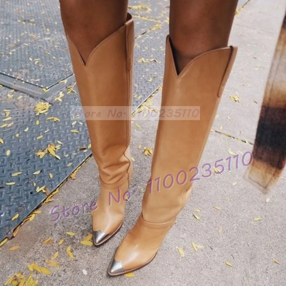 Winter Fashion Women Boots - Silver Metal Toe Tan Knee-High Boots
